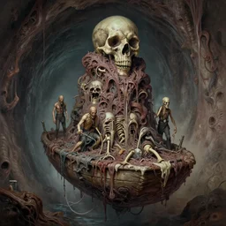 airbrush & oils of 4 character, tiered disgusting, floating sewer raft, tunnel back drop macerated, made of bones, dystopian, by wayne d barlowe, h r giger, simon bisley, alex nino, boris vallejo, enric torres, hyper realism, narrative light, muted colors, epic, hyper detailed, awe inspiring, award winning horror, - n 4