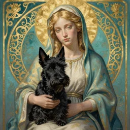 blonde madonna. a black scottish terrier on her lap. teal with a gold filigree background. art nouveau. masterful, detailed drawing