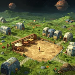 a open plaza area with a restaurant at the side, in a small colony, with buildings made from modular capsules, on an alien grassland, on an alien planet, from a space themed point and click 2 d graphic adventure game, set design inspired by hg giger and ridley scott and tomb raider, art inspired by thomas kinkade
