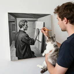 photograph of a man holding a cat and paintbrush with a painting of a painting of himself painting, by escher