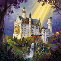 fairy palace, castle towers, sunbeams, gothic cathedral, Japanese shrine waterfall, gold and gems, purple trees, lush vegetation, forest landscape, painted by tom bagshaw, raphael lacoste, eddie mendoza, alex ross concept art matte painting