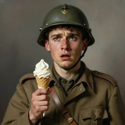 portrait of a terrified soldier with an ice cream cone in his hand by emile friant