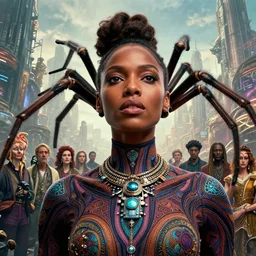 realistic detailed closeup portrait movie shot of a beautiful black woman with riding giant spider, dystopian city landscape background by denis villeneuve, amano, yves tanguy, alphonse mucha, max ernst, ernst haeckel, kehinde wiley, caravaggio, roger dean, cyber necklace, rich moody colours, sci fi patterns, wide angle