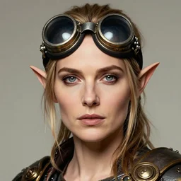 head and shoulders portrait, female artificer, gray eyes, welding goggles, emily blunt natalie portman hybrid, elf, d & d, steampunk, by artgerm, facial detail, extremely detailed, comic book cover photo