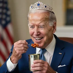 a hyper - realistic photo of joe biden wearing a tiara while eating baked beans from a tin can, he is very happy