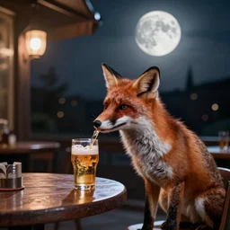 a fox drinking a beer at an outside bar in stockholm during full moon