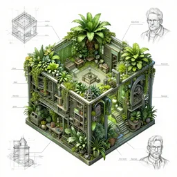 annotated highly - detailed and intricate 4 5 degree isometric cross - small square room full of plants + marker concept art style rendering + concept art + half blueprint + trending on artstation + intricate details + john berkey + vincent di fate + ralph mcquarrie + center frame : : annotations : : metalic green : : - 0. 2 5 kelsey grammer sketch