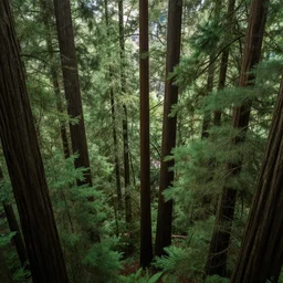 treetop canopy view of redwood forest, swaying trees, windy, waves, rippling trees