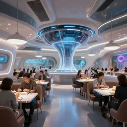 futuristic meta augmented reality restaurant interior full of persons by syd mead