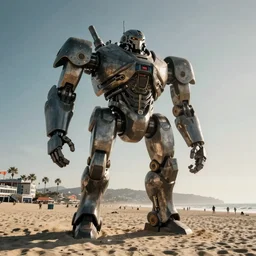 cinematography of a giant mech on the beach in Santa Monica by Emmanuel Lubezki