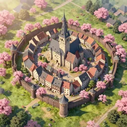 bird view of a small medieval town surrounded by a wooden wall, pink leaf trees, artstation, day, sun