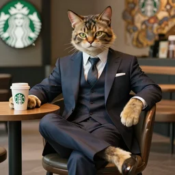 full body photograph of a male anthropomorphic balinese cat fursona wearing a nice suit sitting in a starbucks, deep focus, intricate, elegant, highly detailed, digital painting, artstation, concept art, matte, sharp focus, illustration, d & d, fantasy, hearthstone, art by artgerm and greg rutkowski and alphonse mucha