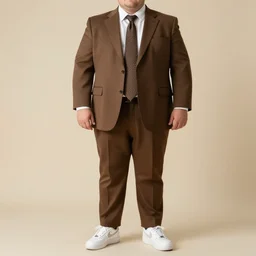 chubby clean-shaven white man wearing brown suit, necktie, nike air force one sneakers