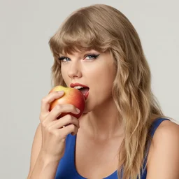 taylor swift eating an apple, detailed, clean, realistic
