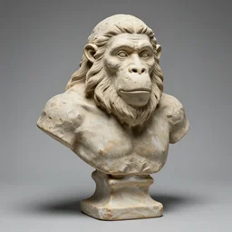 a bust sculpture of a neandertal with animal face features, detailed, anatomically correct, ceramic base, orthographic, studio lighting, expresive