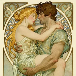 a brunette man holding a blonde girl, art nouveau, intricate, highly detailed