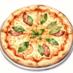 maximalist delicious round pizza, by kseniia yeromenko, watercolor, illustration, zoomed out