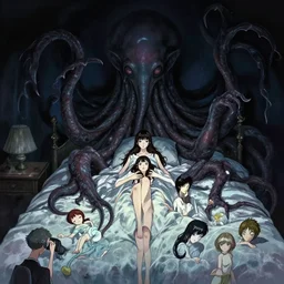 my bed giant girl cthulhu in the dark by gaston bussiere, anna nikonova aka newmilky, greg rutkowski, yoji shinkawa, yoshitaka amano, tsutomu niehi, moebius, donato giancola, geoffroy thoorens, concept art, trending on artstation, featured on pixiv, cinematic composition, 8 k