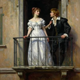 highly detailed painting of shakespeare's romeo and juliet, balcony scene. juliet is at the balcony, romeo is in the street. intricate, high quality oil painting artstyle, in the style of leonid afremov, deviantart, figurative art, deviantart, ilya kuvshinov, lovecraftian, very detailed face, portrait