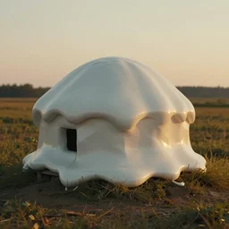 a melted, limp, smooth traditional ukrainian house hut in a rural landscape in style by anish kapoor, in the parts by shih chieh huang, golden hour, film still from the movie directed by denis villeneuve with art direction by zdzisław beksinski, close up, telephoto lens