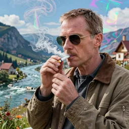 realistic still of jesse pinkman making skooma smoking narcotics while visiting riverwood in skyrim, amazing details, 8 k, 8 5 mm, f. 1 4, beautiful composition, hologram by penny patricia poppycock, pixabay contest winner, holography, irridescent, photoillustration, maximalist maximalism vaporwave