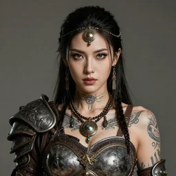a legenday female warrior, heroic fighter, dungeons & dragons, tattoos, decorative ornaments, battle armor, by phil noto, perfect face, detailed, sharply focused, centered, rule of thirds, realistic shading