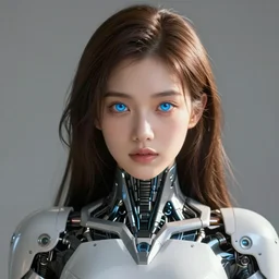detailed portrait of perfect brown haired girl, semi - android, tight armor, beautiful, pretty face, blue cyborg eyes, innocent, scifi, 4 k, sun yunjoo, ultra realistic, aura of light, cinematic lighting, highly detailed, sharp focus, artstation, masterpiece, art by hyungjin yang