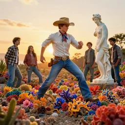 a cowboy turning into blooms in real life. volumetric lighting, beautiful, golden hour, sharp focus, ultra detailed. by leesha hannigan, ross tran, thierry doizon, kai carpenter, ignacio fernandez rios, tropical sea slugs. bold complementary colors. 4 k, 3 5 mm, fujifilm, sculpture by antonio canova