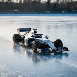an f1 car drifting across a frozen ice lake, cinematic shot