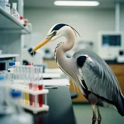 film still of a heron working in a research lab filling test tubes, 8 k