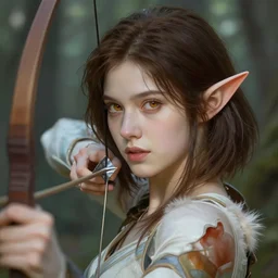 a single female half - elf archer, detailed face, bow and arrow, brunette, white skin, honey - colored eyes, bob haircut, young, pretty, high fantasy, forest background, highly detailed, digital painting, by tian zi, wlop, alphonse mucha