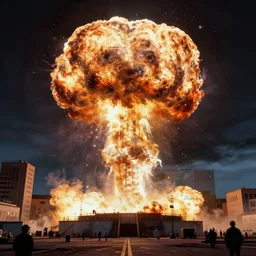 A hyper-realistic low angle wide shot matte painting of a single Nuclear explosion by thomas kinkade and georgio de chirico. Subject in view, symmetrical composition, f11:6, volumetric lighting, dynamic lighting, unreal engine, octane render, trending on artstation and cgsociety:1, signature, signatures, text, globes, jpeg artifacts, shallow depth of field, buildings, geometric shapes, people, blurry, blur:-2