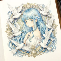 a beautiful intricate watercolor illustration of a light blue hair girl with white birds, paper, 4 k, elagant, by miho hirano and edmund dulac, trending on artstation, artgerm, cgsociety, hyper detailed, muted intense colors