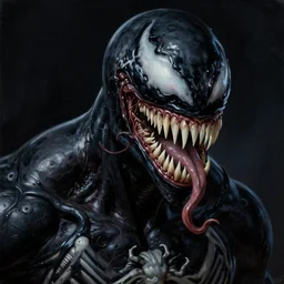 baroque neoclassicist close - up portrait of venom. dark black background, glowing atmosphere. highly detailed science fiction horror painting by norman rockwell, frank frazetta, and syd mead. rich colors, high contrast, gloomy atmosphere. trending on artstation and behance.