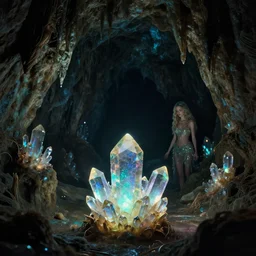 iridescent crystals glowing in the dark, providing light in a mysterious cave by lisa frank and walter percy day