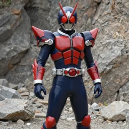High Fantasy Kamen Rider, single character full body, 4k, glowing eyes, rock quarry location, daytime, rubber suit, dark blue with red secondary color dragon inspired segmented armor made out of pvc plastic, ultra realistic, vibrant colors, Cinematography