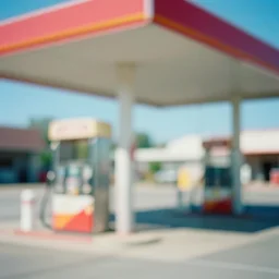 blurry vibrant surreal dream like image of a gas station at broad daylight taken using dream recording device