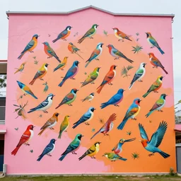 a huge mural in pink and orange, showing a miriad of colorful birds and fish mixing, urban Street art by refreshink, fio silva, l7m,