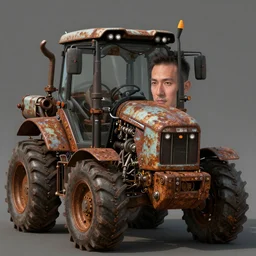 a concept art illustration, portrait, close up shot, a man wearing a large mechanical rusty farming vehicle, style by dylan cole and feng zhu and wlop, unreal engine, trending in artstation, octane render