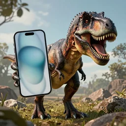 tyrannosaurus rex holding an iphone, photorealistic