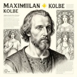 portrait saint maximilian kolbe info graphic in the art style of leonardo da vinci pencil, ultra detailed illustration art by artgerm and greg rutkowski and alphonse mucha and junji ito, 8 k