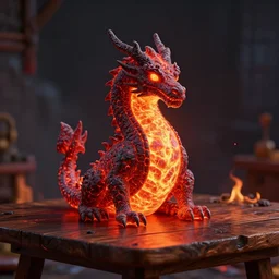 glowing lava in the shape of a dragon sitting on a wooden table. The lava is setting the table on fire. vray, photorealism, Octane Render.