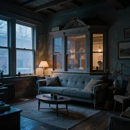 A cozy old victorian loft, cold cinematic and atmospheric lighting, very coherent, highly detailed