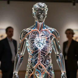 a statue of a young fit man made of transparent glass, showing a complex detailed linfatic system inside, glowing diamond heart, by philippe starck and victoria hagan, cinematic lighting, soft ambient light, detailed digital photography by rutkovski and beksinski, masterpiece, gorgeous, 4 k