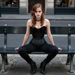 Emma Watson for Victorian Secret as goth, sitting on a bench, squatting pose, corset, full length shot, dark street, XF IQ4, 150MP, 50mm, f/1.4, ISO 100, 1/160s, natural light, Adobe Lightroom, rule of thirds, symmetrical balance