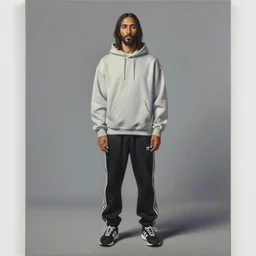 a full body portrait of modern day jesus wearing yeezus streetwear hoodie and pants by nicola samori, oil painting, realistic, 8 k, adidas style
