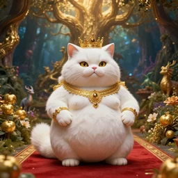sphinx cat deity, fat figure, cute, elegant, furry, white, gold, warm, wearing a crown, bracelets and necklaces, red carpet, figure, realistic, hair detailing, background is heavenly, wonderland at night, the light in the deep forest full of mythical creatures of the picture, according to european art, golden sacred tree, golden apple, flower garden, hyper realistic render. den noise. volumetric lighting. dynamitc lighting. unreal engine. octane. hyper cinematic lighting