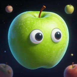 Psychedelic portrait of a Granny Smith apple with google eyes floating in space, volumetric lighting, artstation, digital painting, very high detail, hyperrealistic, vivid color