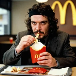 stalin eating a happy meal at mcdonalds, colorized
