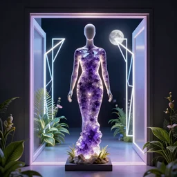 beautiful mannequin sculpted out of amethyst by billelis + lit with 3 d geometric neon + doorway opening with geometric vaporwave light + hosta flowers!!!, moon in background!!!!!!, rule of thirds, clean linework, dramatic, award winning, 4 k, trending on artstation, photorealistic, volumetric lighting, octane render